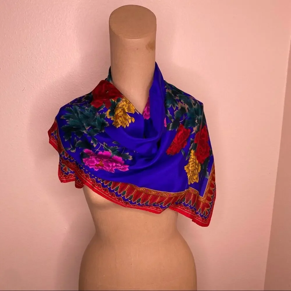 Floral Square Blue and Red Scarf Small